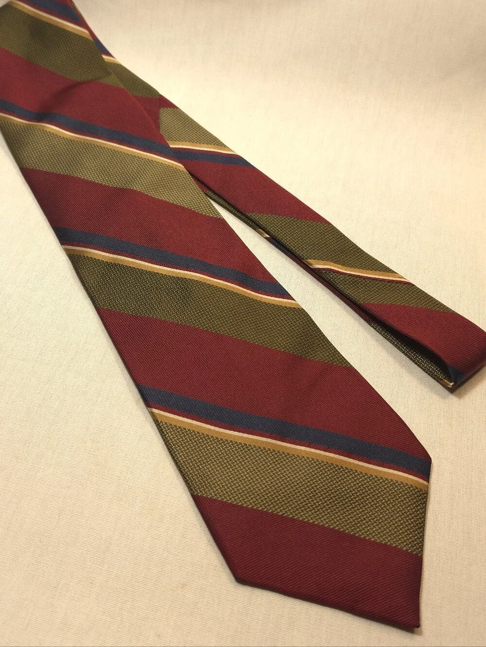 Mario Valentino Red and Olive Striped Silk Necktie with Navy and Gold Accents
